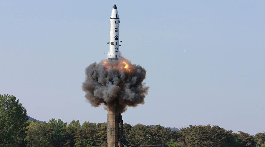 The scene of the intermediate-range ballistic missile Pukguksong-2's launch test