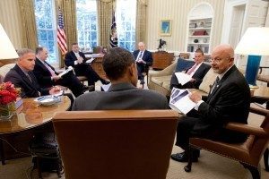 Click to enlarge Director of National Intelligence James Clapper (right) talks with President Barack Obama in the Oval Office, with John Brennan and other national security aides present