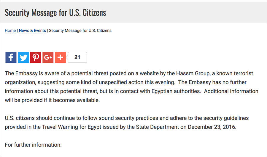 security message for US citizens in Egypt