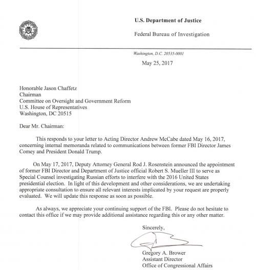 FBI letter to US Justice department