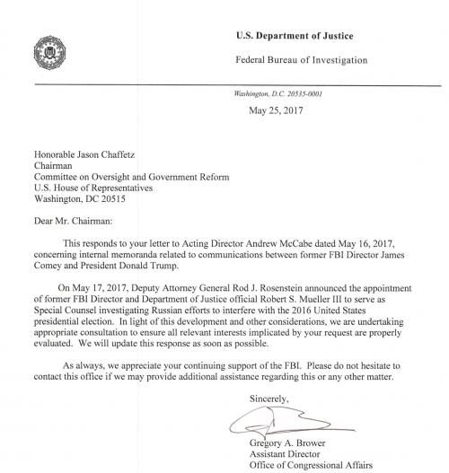 Click to enlarge FBI letter to US Justice department