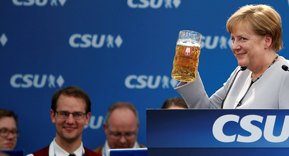 Angela Merkel drinking beer