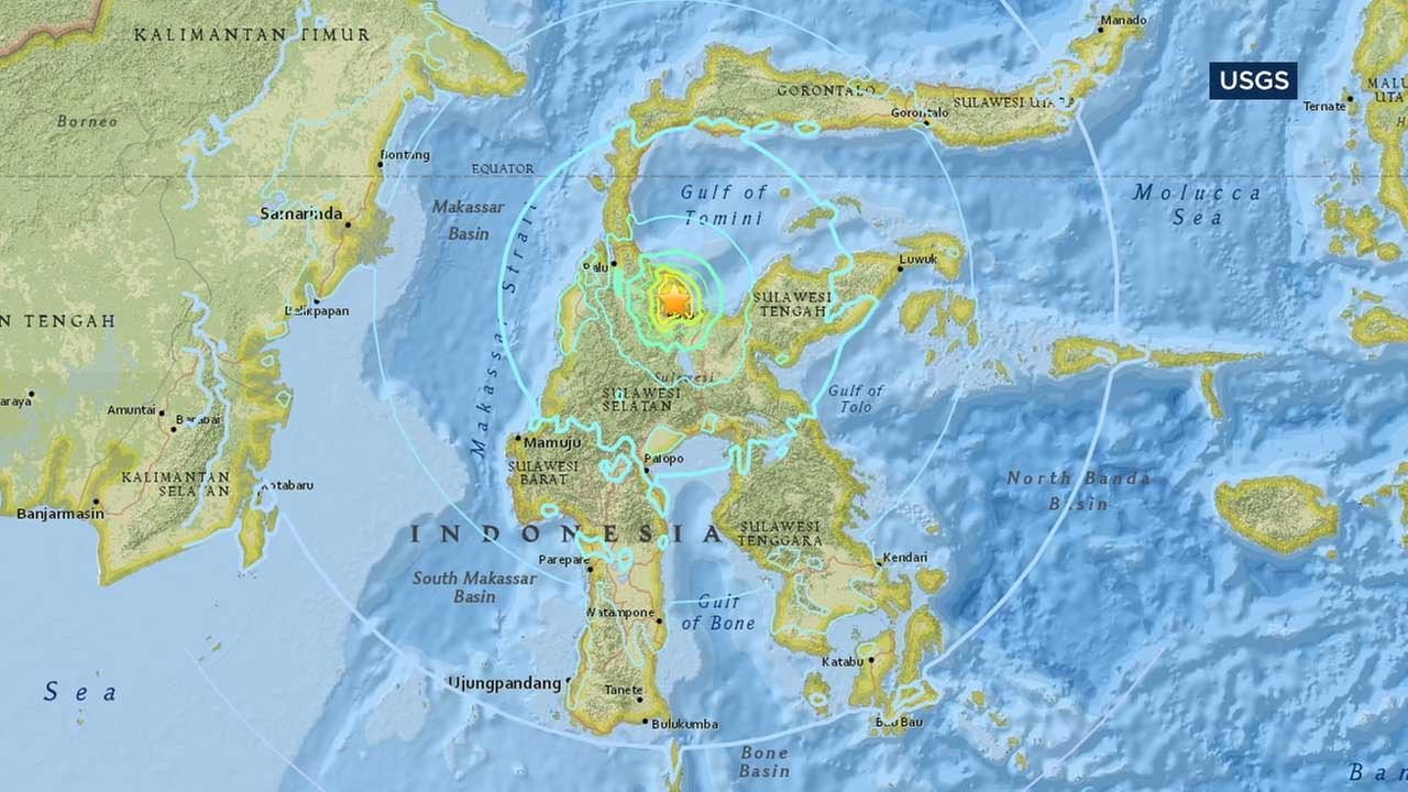 This U.S. Geological Survey map shows the location of a powerful earthquake that struck Indonesia's central Sulawesi province on Monday, May 29, 2107. 