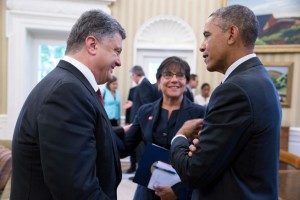 Click to enlarge Barack Obama talks with President Petro Poroshenko