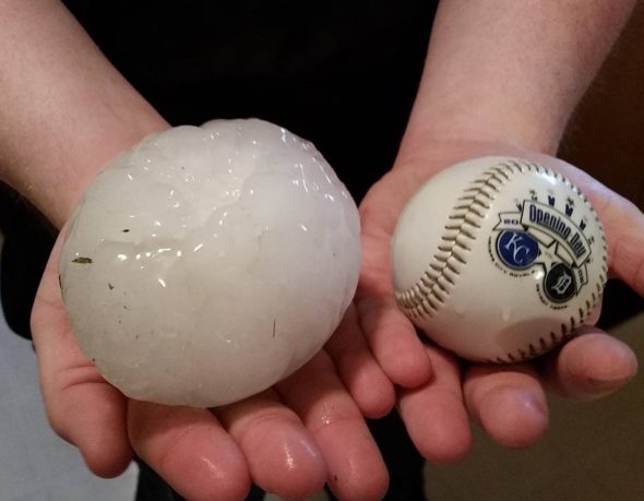 Hail larger than baseballs in Adrian, Missouri