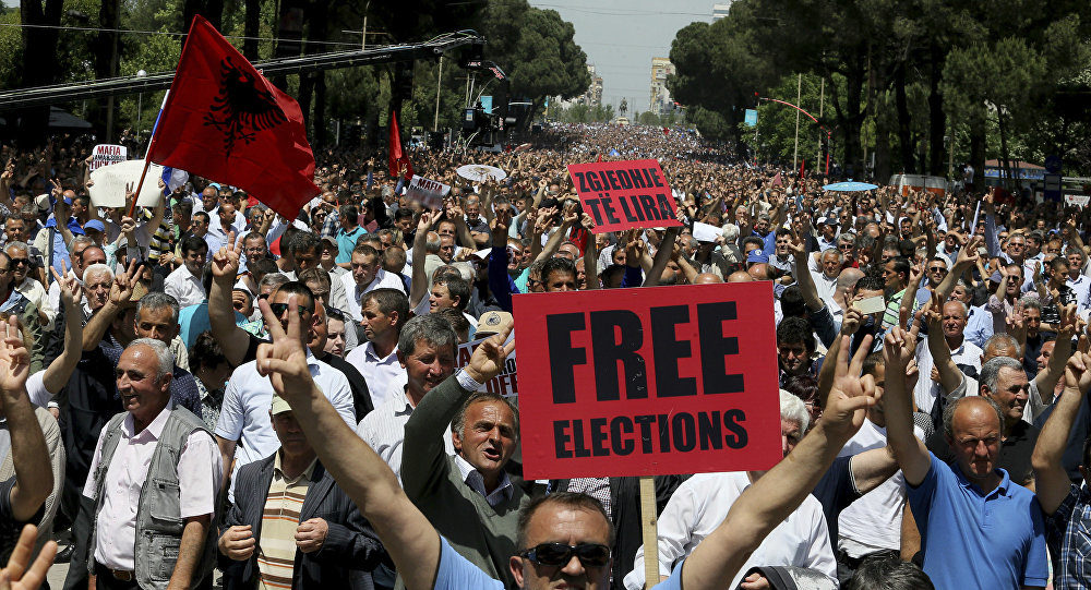 Click to enlarge Supporters of Albania's main opposition