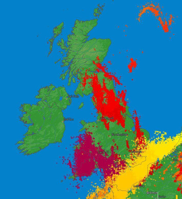 Click to enlarge SUPER STORM: This map shows were lightning struck in the UK over the weekend