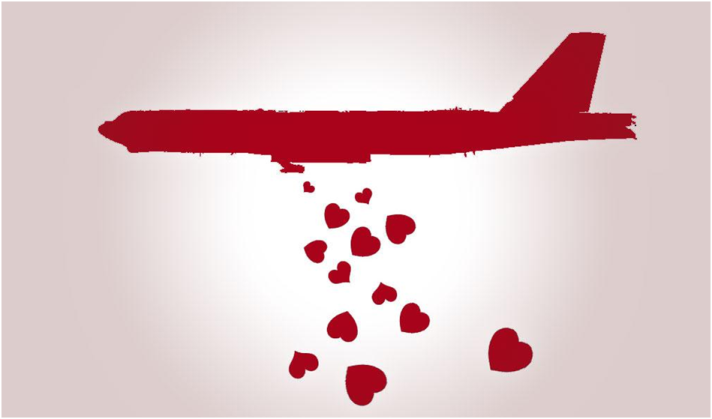 Red plane dropping hearts cartoon