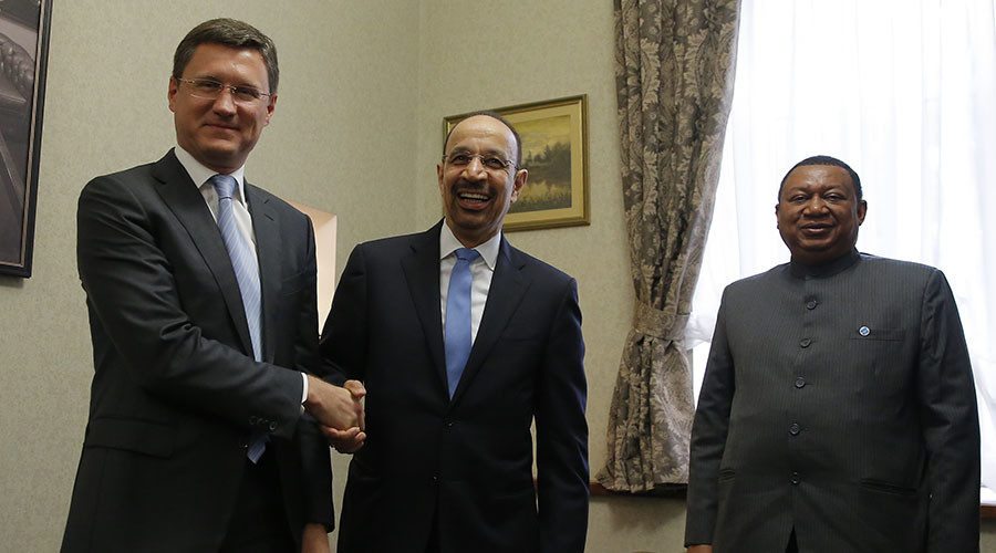 Russian Energy Minister Aleksandr Novak, Saudi Arabian Energy Minister Khalid al-Falih and OPEC Secretary General Mohammad Barkindo