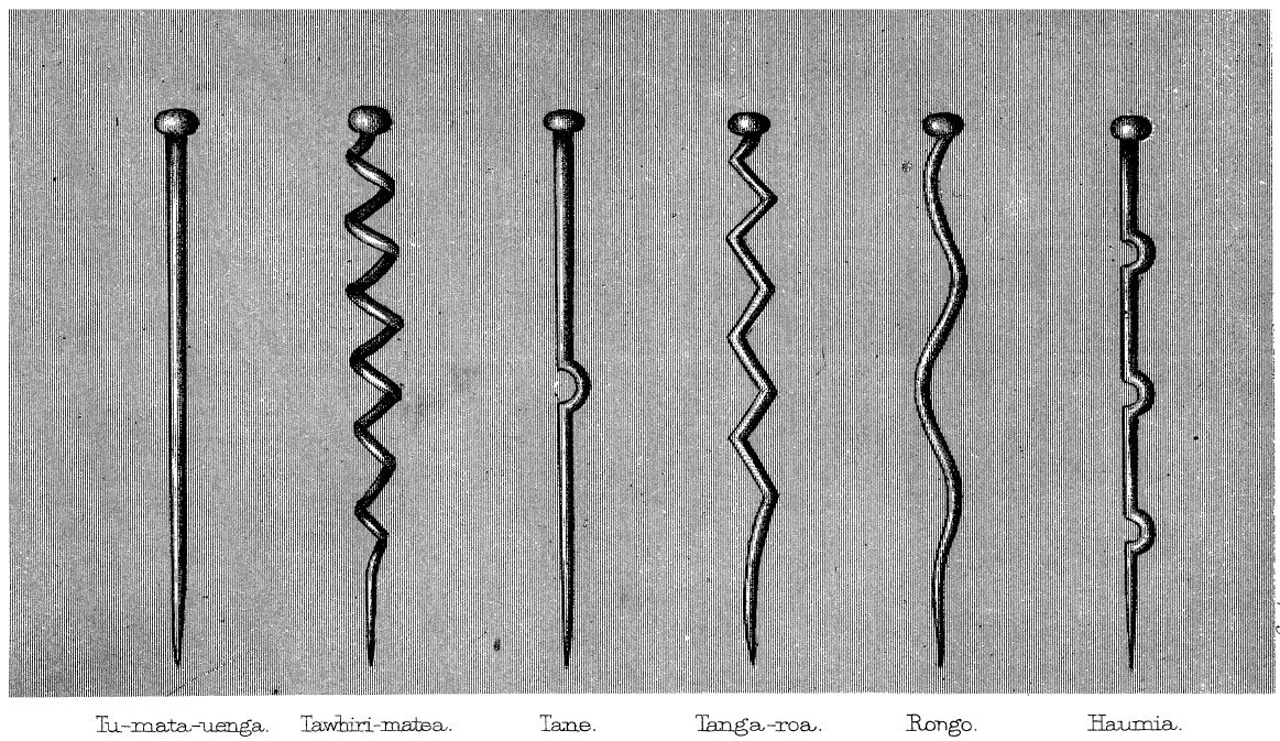 Six major Máori departmental gods represented by wooden godsticks: left to right, Tūmatauenga, Tāwhirimātea, Tāne, Tangaroa, Rongo, and Haumia