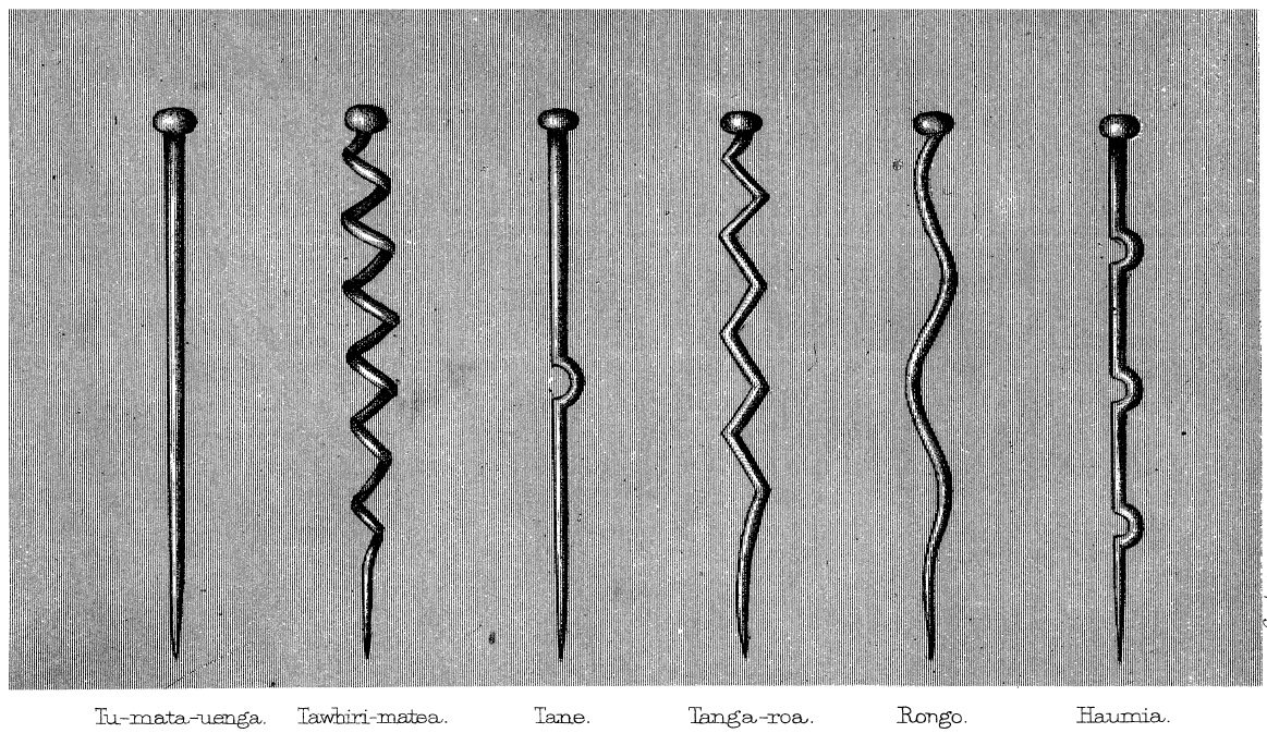 Click to enlarge Six major Máori departmental gods represented by wooden godsticks: left to right, Tūmatauenga, Tāwhirimātea, Tāne, Tangaroa, Rongo, and Haumia
