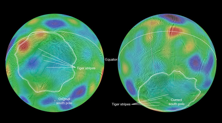 Click to enlarge Enceladus has been knocked off its original axis by 55 degrees