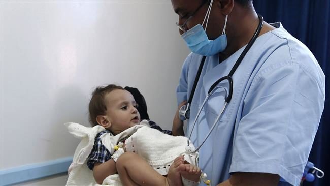 Click to enlarge A Yemeni baby suspected of being infected with cholera receives treatment at a hospital in the capital Sana’a