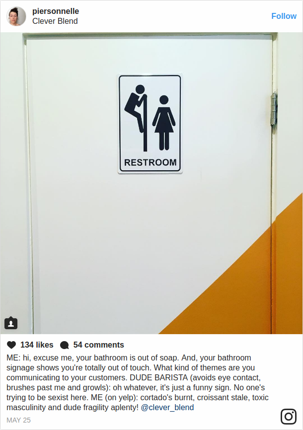 bathroom sign man peaking at woman
