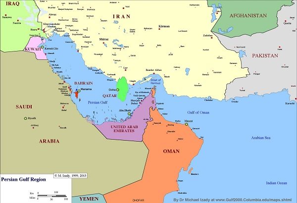 The map shows Qatar having moved from the Arab coast of the Gulf to the Persian one