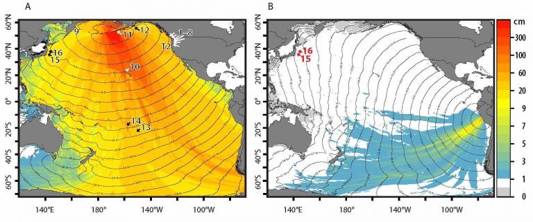Click to enlarge Tsunami amplitudes for (a) Mw 9.25 earthquake in E Aleutians, (b) Mw 8.05 earthquake in Lima, Peru.
