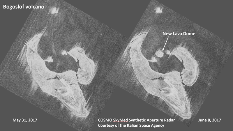 Click to enlarge This comparison of satellite radar images from May 31 and June 8, 2017 of Bogoslof volcano shows the new lava dome.