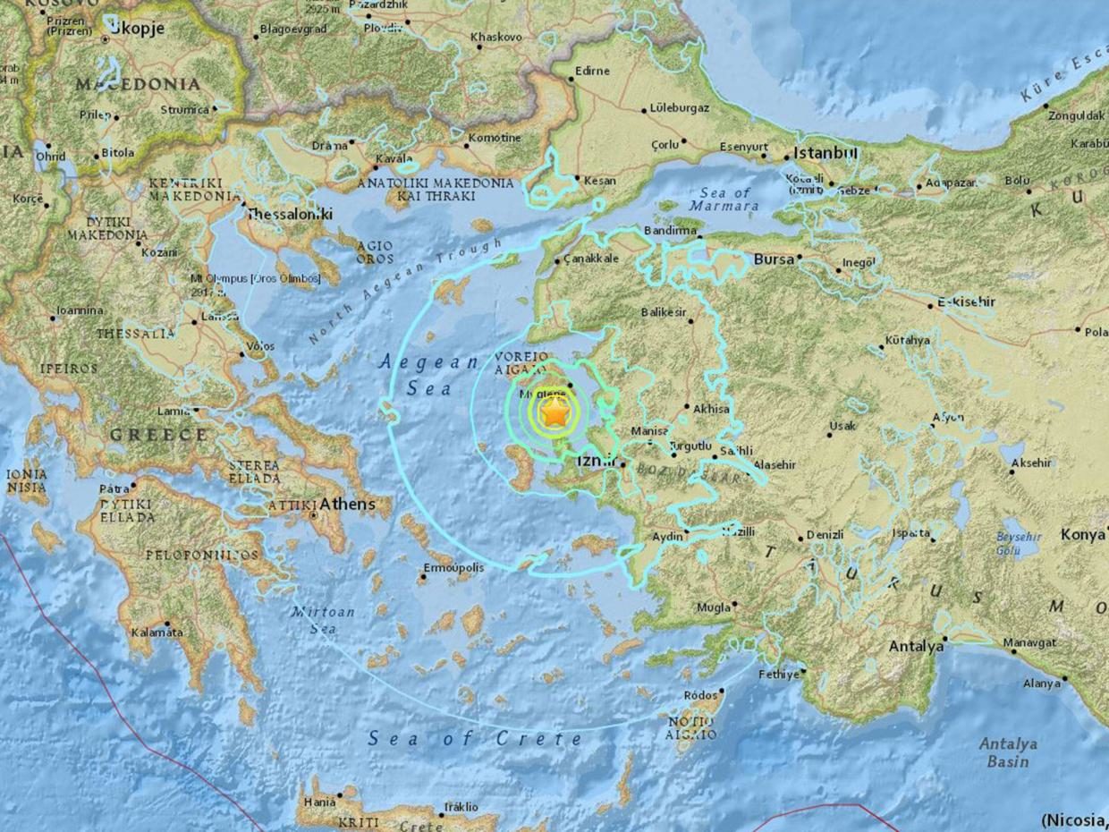 The epicentre of the quake was located some 84 km (52 miles) northwest of the Aegean coastal province of Izmir 