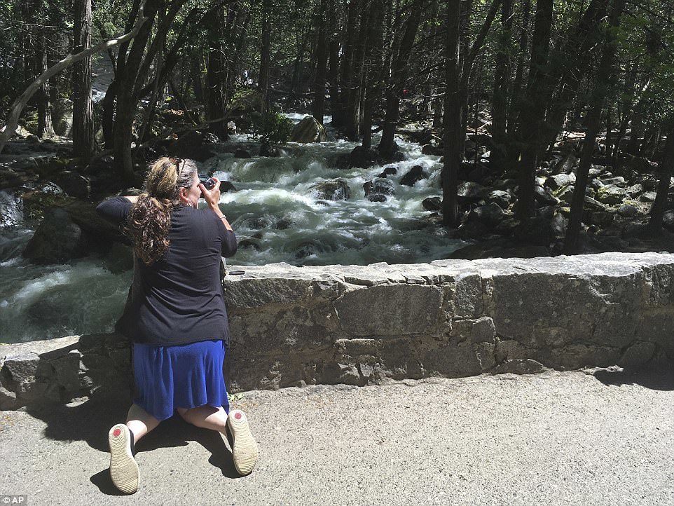 Click to enlarge In this photo taken May 25, 2017, a woman braces herself at Yosemite National Park, Calif., while photographing a rushing creek below Bridalveil Fall.