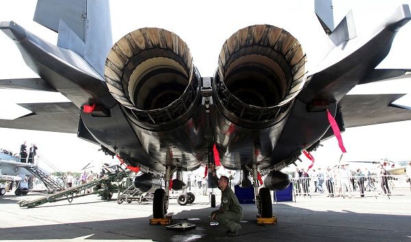 US F-15 fighter jet in hangar