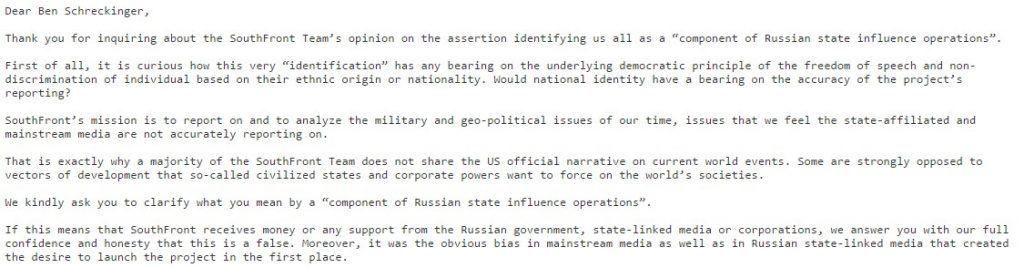 Click to enlarge South Front answer to Politico
