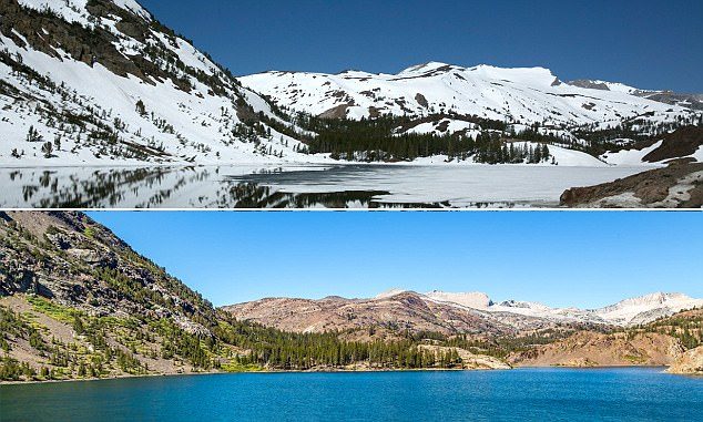 Yosemite National Park covered in snow (top) versus typical scene in summer (bottom)