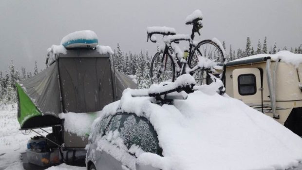 Click to enlarge Snow in Haines Junction, Yukon, has cancelled the 25th-annual Kluane Chilkat International Bike Relay.