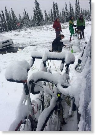 Click to enlarge Snow covering bicycles in Haines Junction, Yukon.