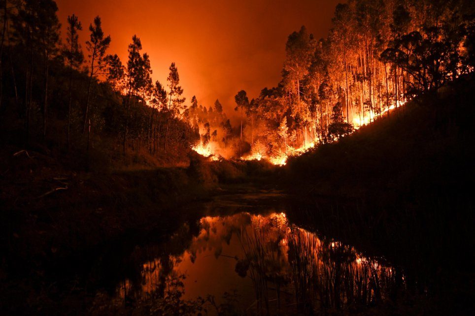 A wildfire is reflected in a stream at Penela, Coimbra
