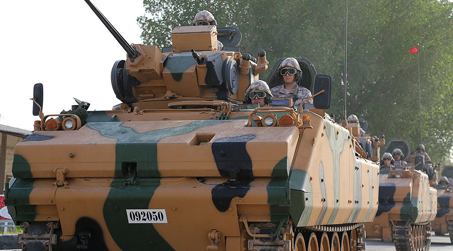 Turkish APC drives at their military base in Doha, Qatar