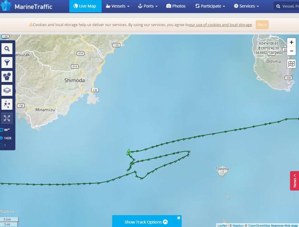 Route of container ship ACX Crystal that collided with the USS Fitzgerald