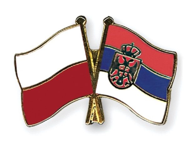 Crossed Flag Pin with the Poland flag on the left and the Serbia-without-Crest flag on the right