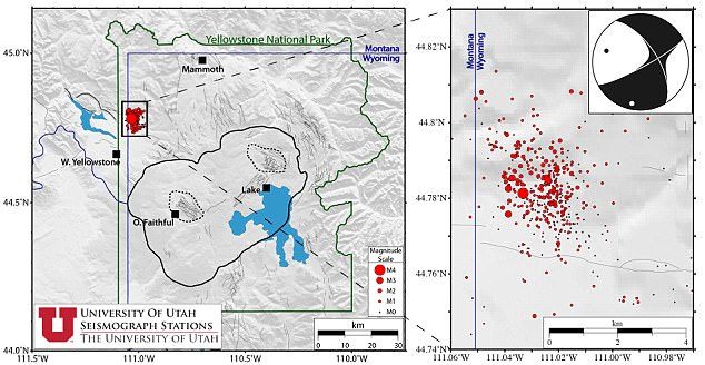 Click to enlarge Researchers from the University of Utah's Seismograph Stations (UUSS) have been monitoring the activity since it began last Monday, June 12. Pictured - The location of the earthquakes that are part of the swarm as (red symbols)