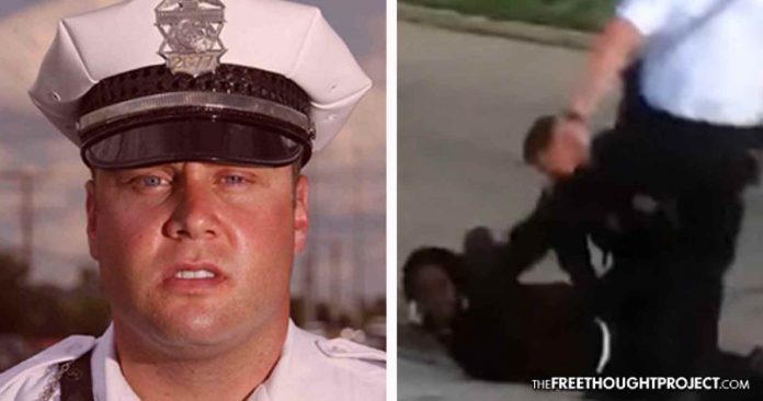 Zachary Rosen curb-stomping a handcuffed man