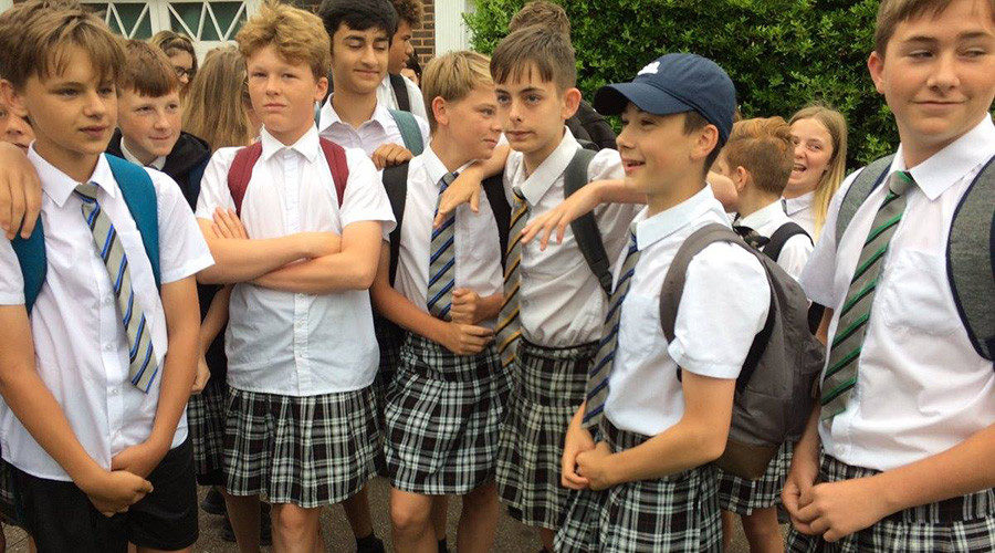 Click to enlarge Exeter schoolboys protest skirts
