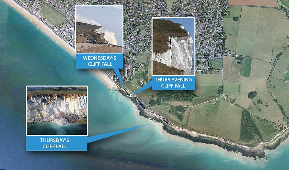 Click to enlarge Coastguards are warning the public to keep away from the unstable cliffs at Seaford following three separate cliff falls over the last 48 hours, all within a close proximity of one another at Seaford Head