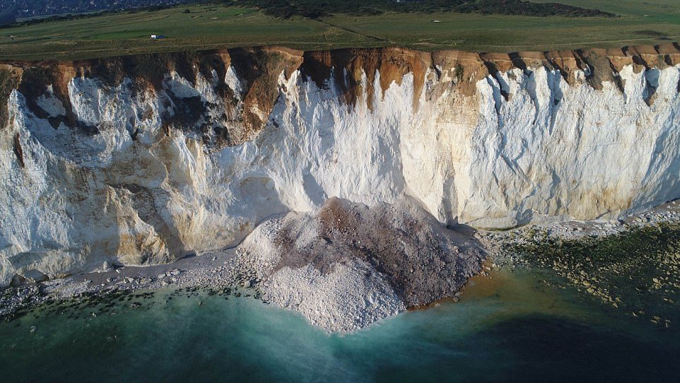 On Wednesday a dramatic cliff fall also took place at the shore, near Eastbourne, East Sussex