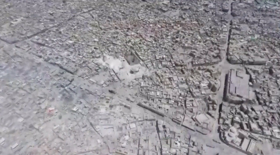 Aerial picture of ruined Al-Nuri Mosque