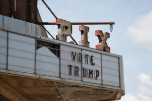 Click to enlarge The run-down PIX Theatre sign reads “Vote Trump” on Main Street in Sleepy Eye, Minnesota