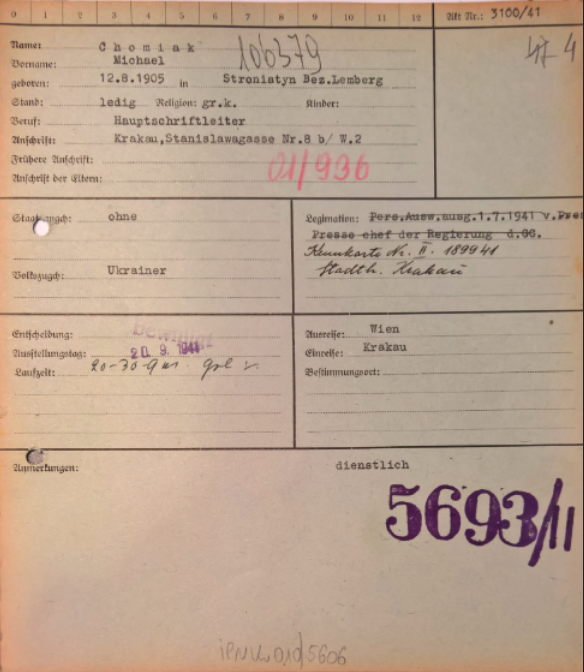 CHOMIAK’S GERMAN IDENTITY CARD OF SEPTEMBER 20, 1941