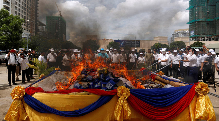 Click to enlarge Cambodia's authorities burn confiscated drugs in Phnom Penh, Cambodia