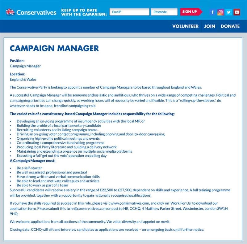 tory ad for campaign manager
