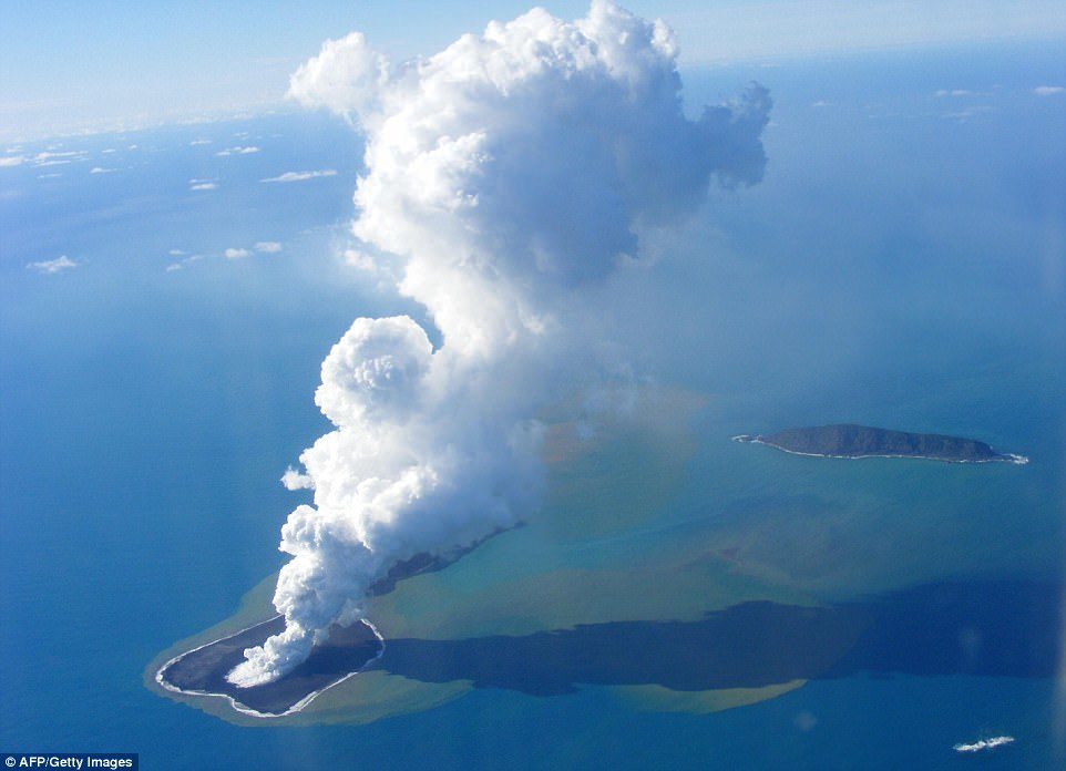 Click to enlarge For more than a month an underwater volcano in the Pacific Ocean spewed ash and magma to the surface, and high into the air. This build-up created a new island, just off the coast of Tonga, in a region known as the Ring of Fire