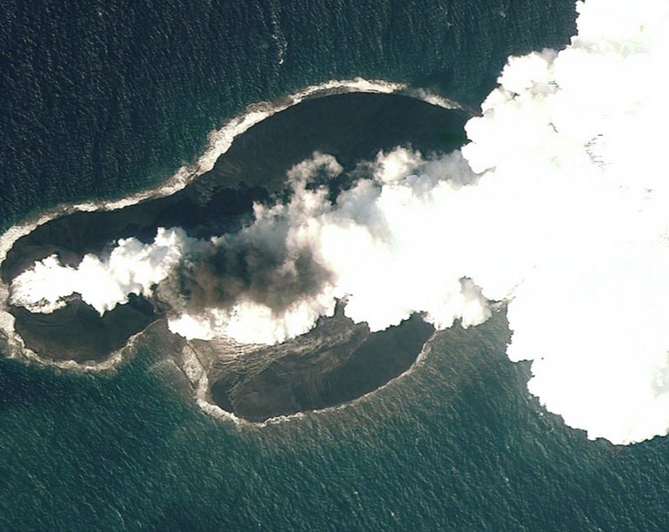 Click to enlarge Scientists claimed the tectonic activity that formed these islands could reveal a previously unrecognised volcanically active zone in the region (pictured above, the newly formed island of Sholan)