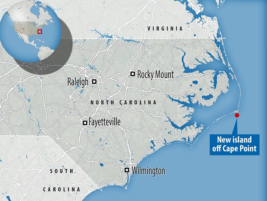 Click to enlarge Changing landscape: A map shows where the new island has formed close to the mainland