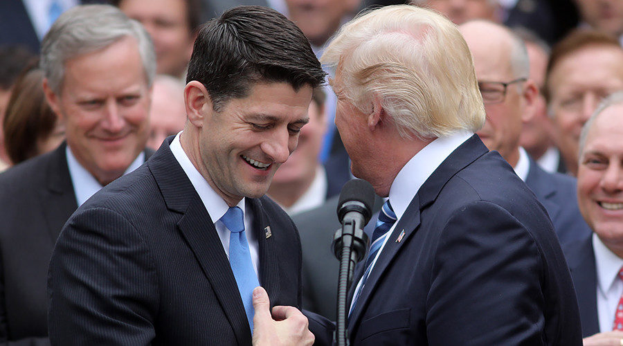 Donald Trump (R) congratulates House Speaker Paul Ryan