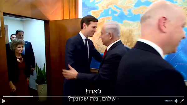 Jared Kushner hugs Benjamin Netanyahu as Jason Greenblatt leaves the frame