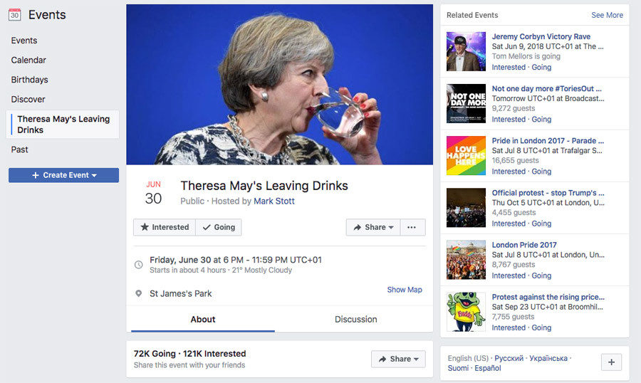 Theresa May's Leaving Drinks Facebook page