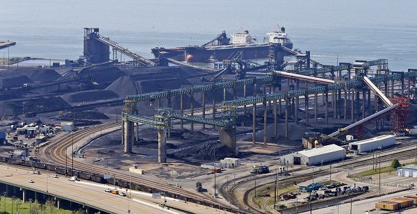 Click to enlarge coal ship pulls up to the piers in Newport News, Va.