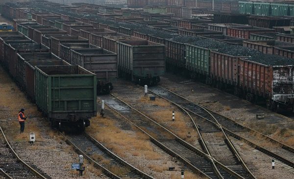 Wagons for transporting coal wait to be transferred in Donetsk, eastern Ukraine